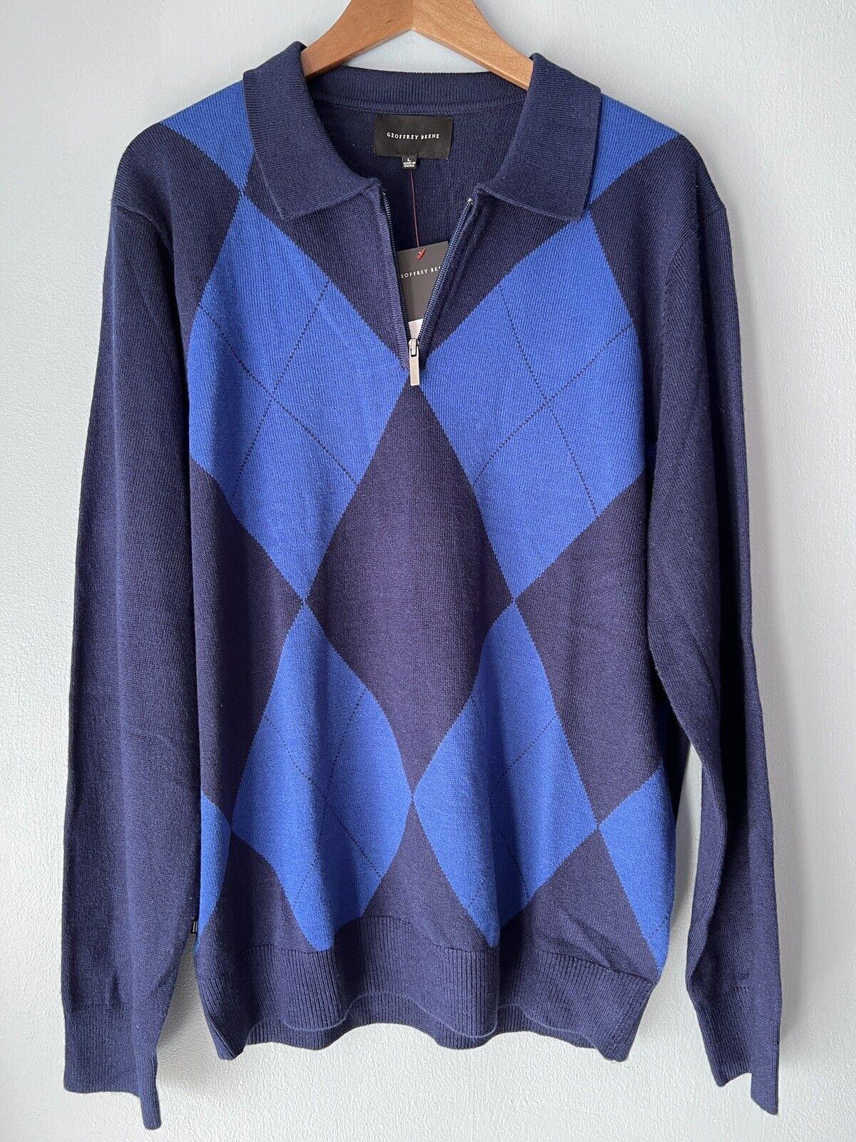 Geoffrey Beene Medieval Blue Diamond Pattern Argyle 1/4 Zip Sweater Mens Large